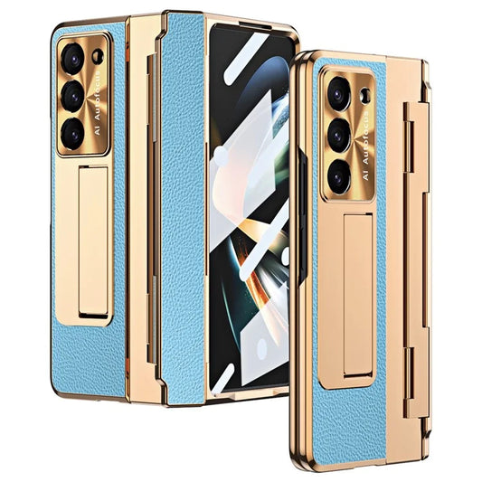 For Samsung Galaxy Z Fold6 5G Case Leather+PC Kickstand Phone Cover with Tempered Glass Film+Blue