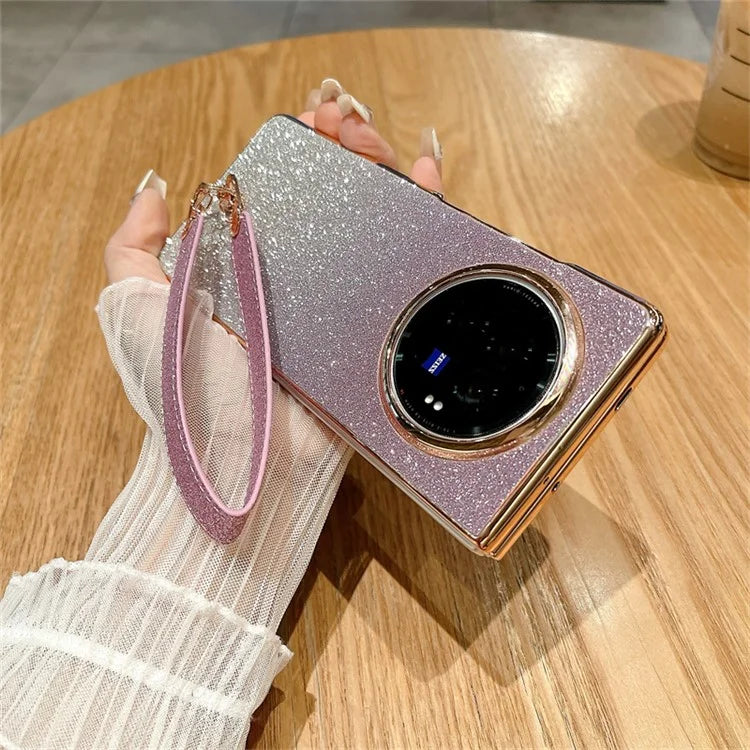 For vivo X Fold3 Case Hard PC Bling Glitter Phone Cover with Wrist Strap