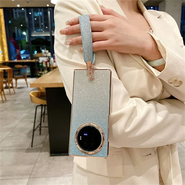 For vivo X Fold3 Case Hard PC Bling Glitter Phone Cover with Wrist Strap