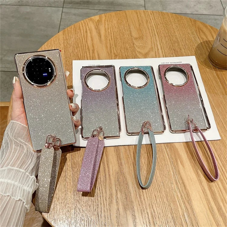 For vivo X Fold3 Case Hard PC Bling Glitter Phone Cover with Wrist Strap