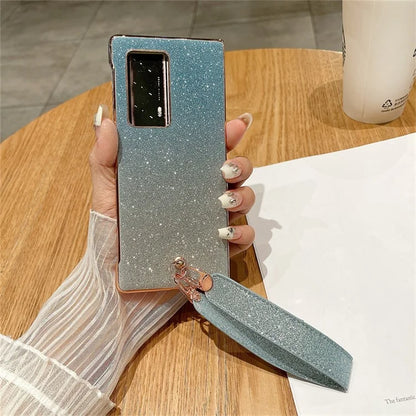 For Huawei Mate X2 Shockproof Case Bling Glitter Hard PC Phone Shell with Wrist Strap