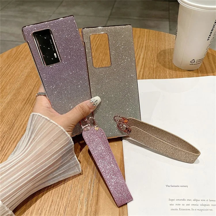 For Huawei Mate X2 Shockproof Case Bling Glitter Hard PC Phone Shell with Wrist Strap