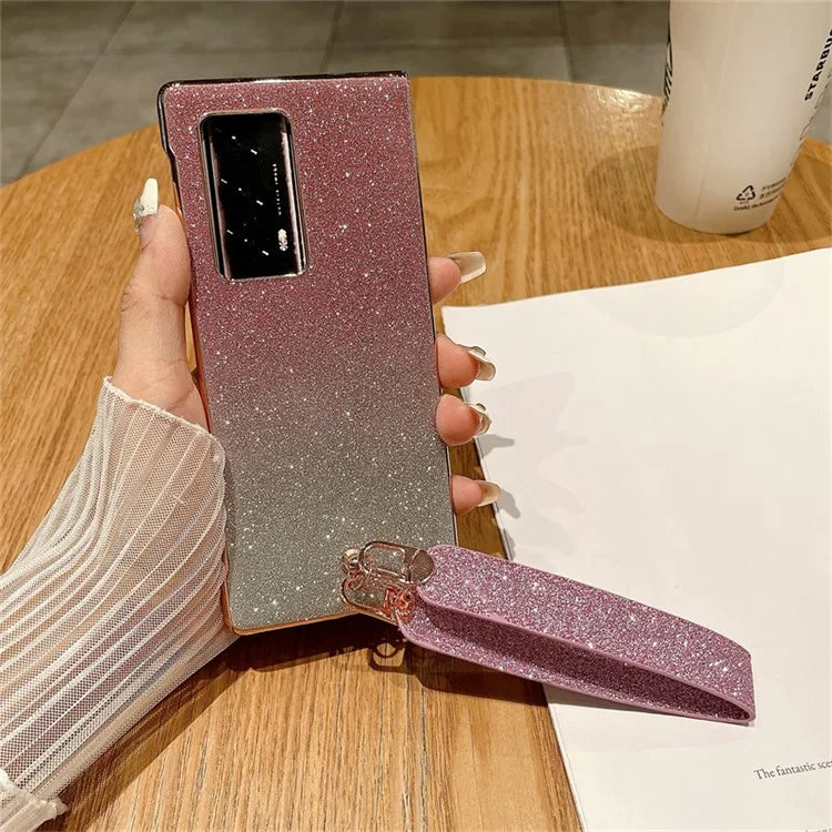 For Huawei Mate X2 Shockproof Case Bling Glitter Hard PC Phone Shell with Wrist Strap