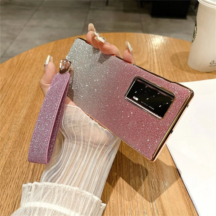 For Huawei Mate X2 Shockproof Case Bling Glitter Hard PC Phone Shell with Wrist Strap