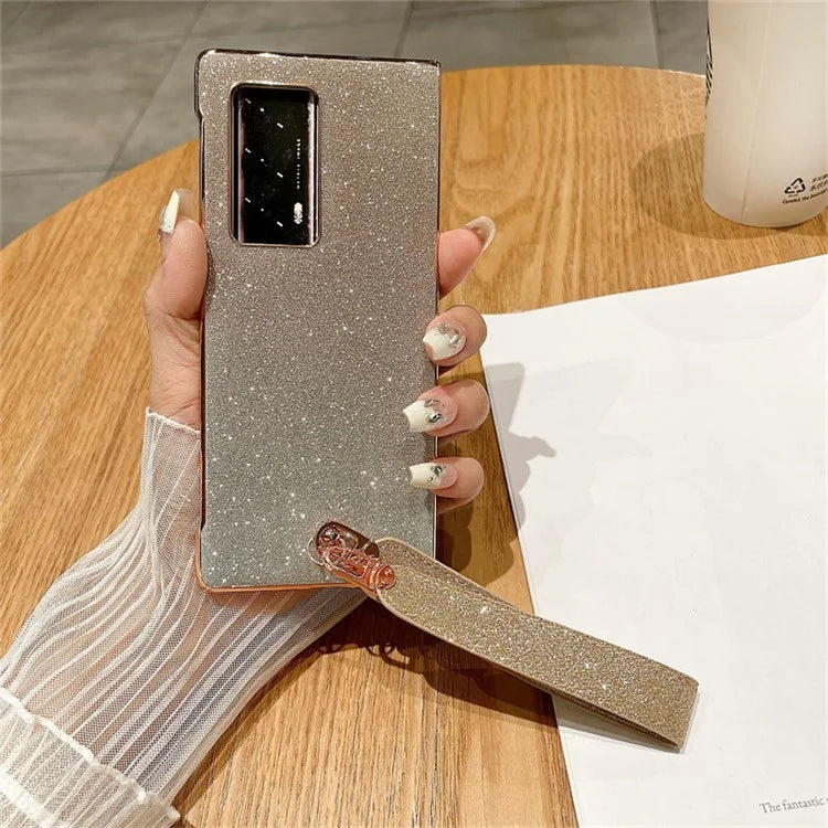 For Huawei Mate X2 Shockproof Case Bling Glitter Hard PC Phone Shell with Wrist Strap