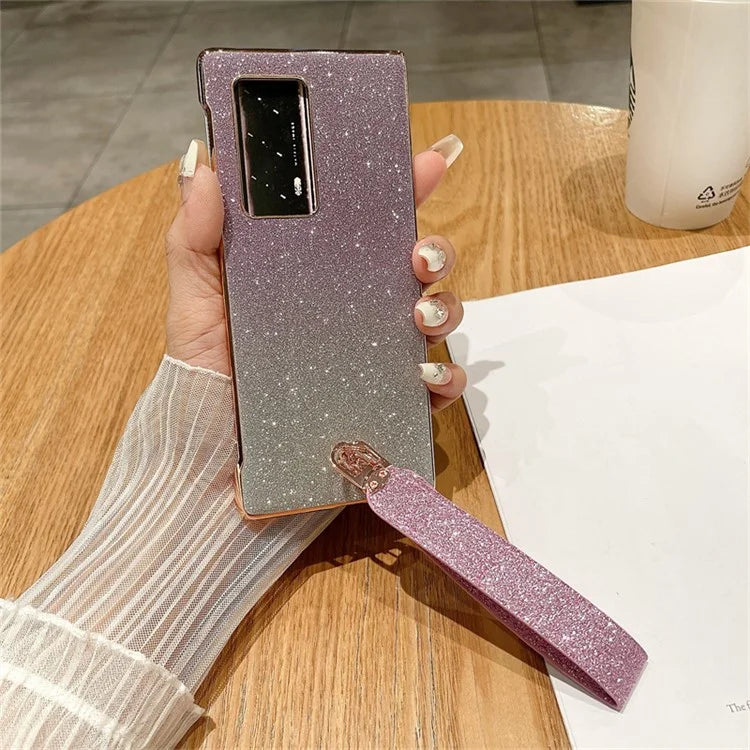 For Huawei Mate X2 Shockproof Case Bling Glitter Hard PC Phone Shell with Wrist Strap