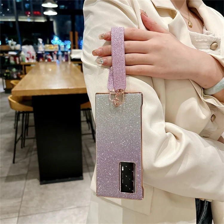 For Huawei Mate X2 Shockproof Case Bling Glitter Hard PC Phone Shell with Wrist Strap