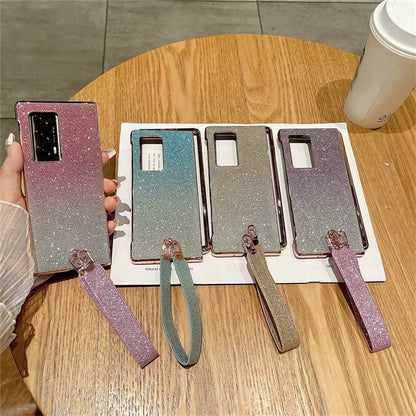 For Huawei Mate X2 Shockproof Case Bling Glitter Hard PC Phone Shell with Wrist Strap
