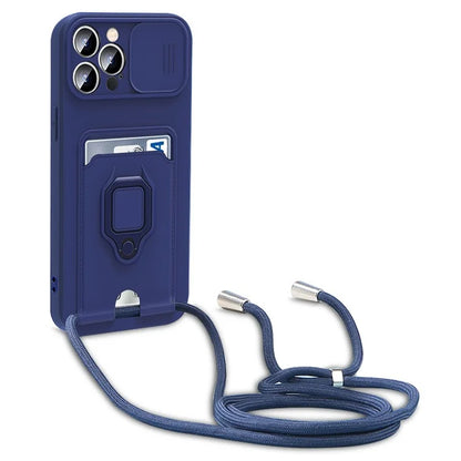 For iPhone 14 Pro Card Holder Kickstand Phone Case PC + TPU Cover with Lanyard