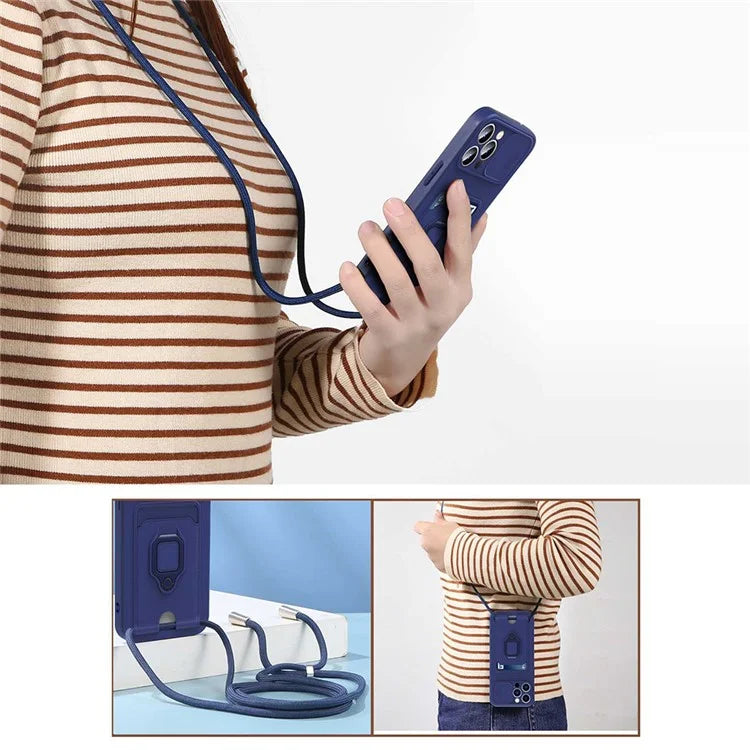 For iPhone 14 Pro Card Holder Kickstand Phone Case PC + TPU Cover with Lanyard