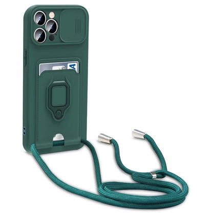 For iPhone 14 Pro Card Holder Kickstand Phone Case PC + TPU Cover with Lanyard