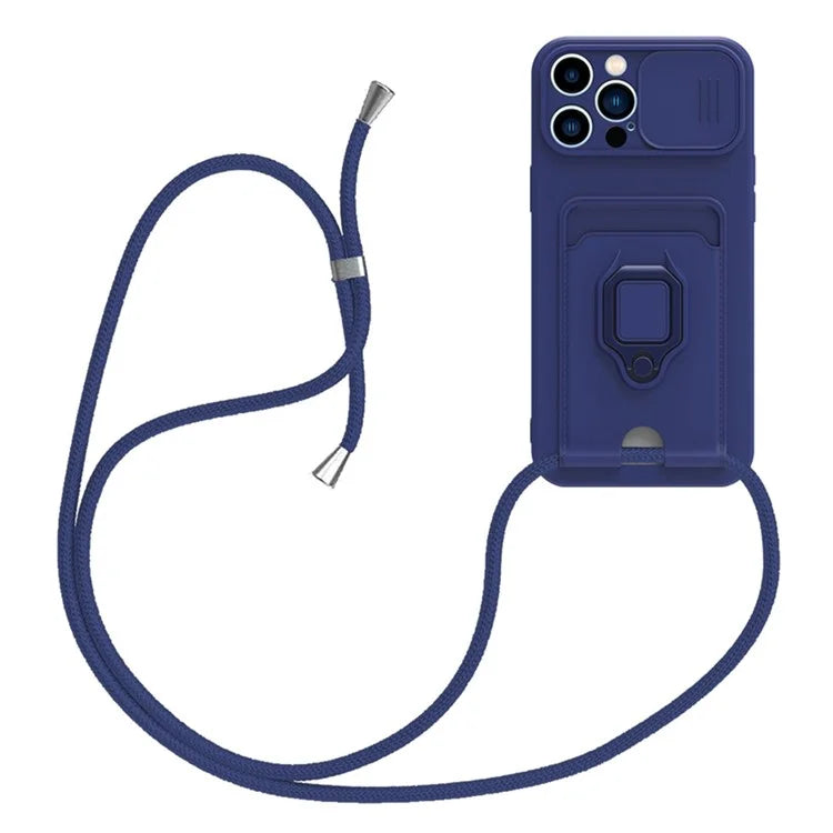 For iPhone 15 Pro Case PC+TPU Cell Phone Cover Card Holder Kickstand Protective Shell with Lanyard