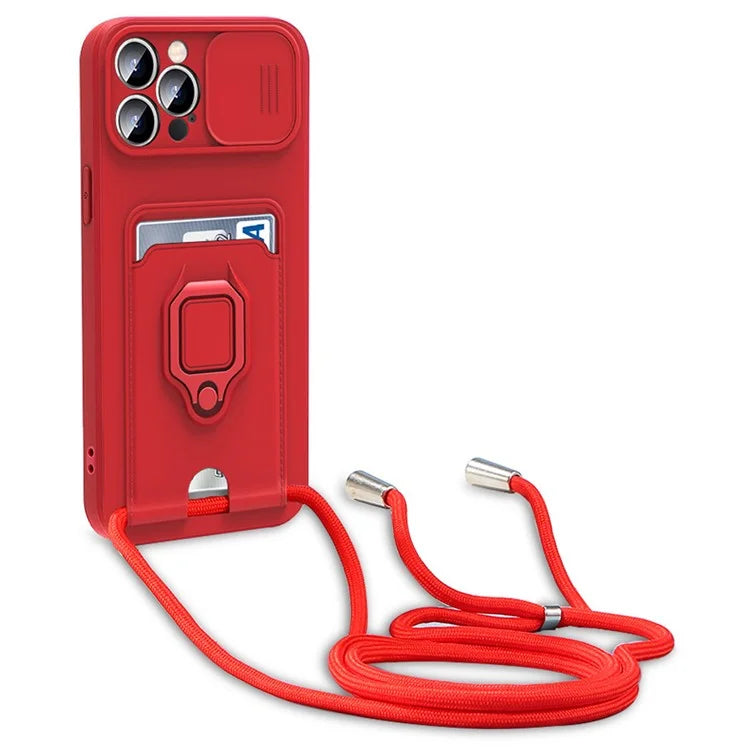 For iPhone 15 Pro Case PC+TPU Cell Phone Cover Card Holder Kickstand Protective Shell with Lanyard