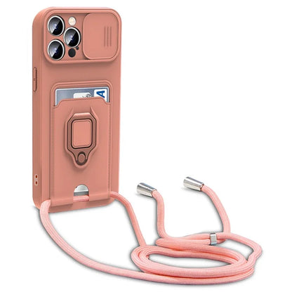 For iPhone 15 Pro Case PC+TPU Cell Phone Cover Card Holder Kickstand Protective Shell with Lanyard