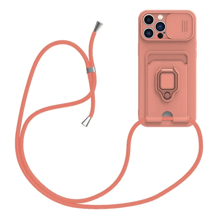 For iPhone 15 Pro Case PC+TPU Cell Phone Cover Card Holder Kickstand Protective Shell with Lanyard