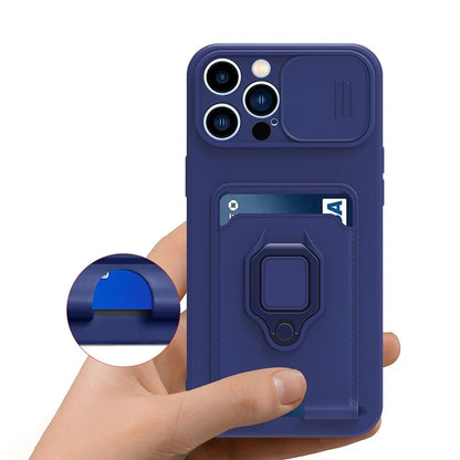 For iPhone 14 Pro Max Cell Phone Case Card Holder Kickstand PC + TPU Back Cover with Lanyard