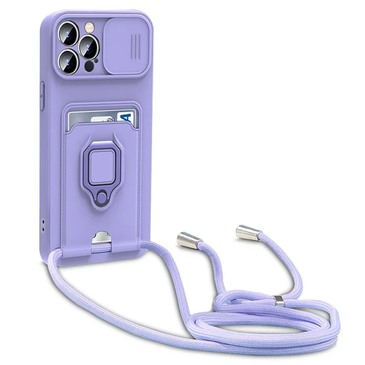 For iPhone 14 Pro Max Cell Phone Case Card Holder Kickstand PC + TPU Back Cover with Lanyard