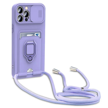 For iPhone 14 Pro Max Cell Phone Case Card Holder Kickstand PC + TPU Back Cover with Lanyard