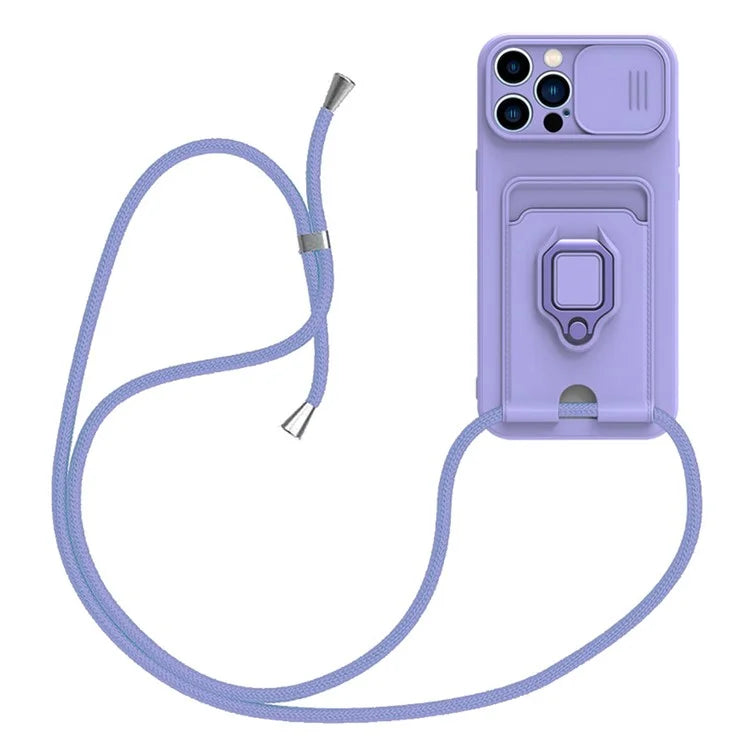 For iPhone 14 Pro Max Cell Phone Case Card Holder Kickstand PC + TPU Back Cover with Lanyard