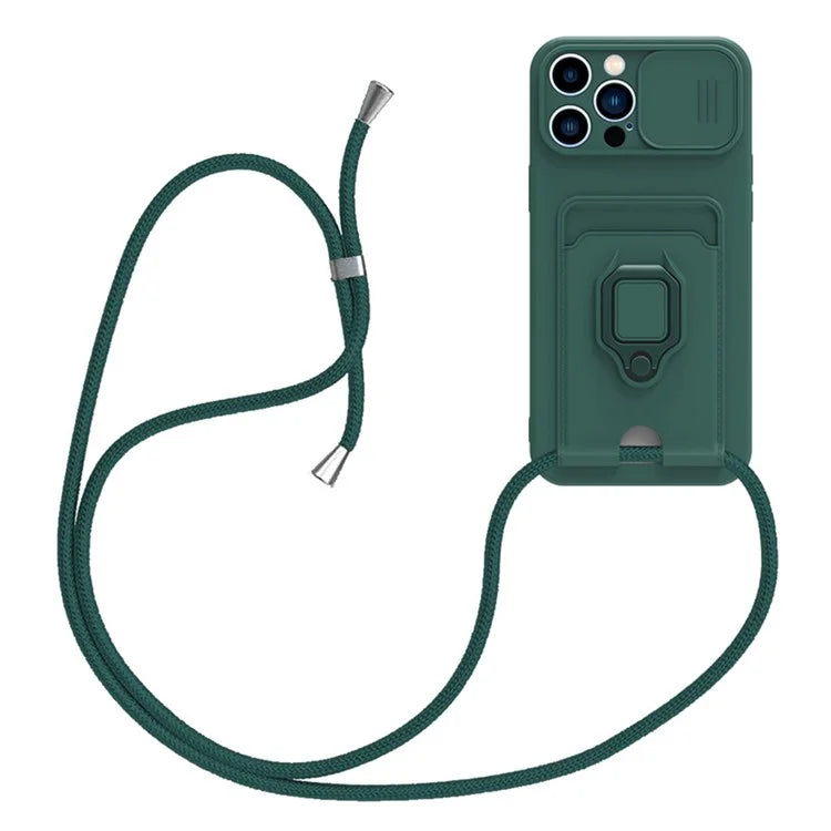 For iPhone 14 Pro Max Cell Phone Case Card Holder Kickstand PC + TPU Back Cover with Lanyard