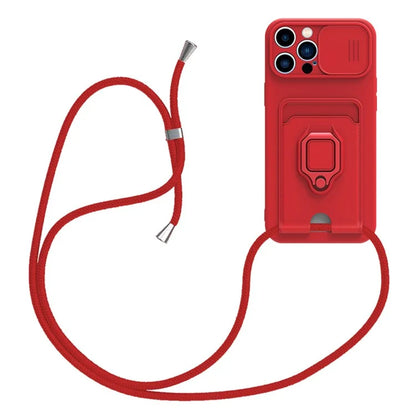 For iPhone 14 Pro Max Cell Phone Case Card Holder Kickstand PC + TPU Back Cover with Lanyard