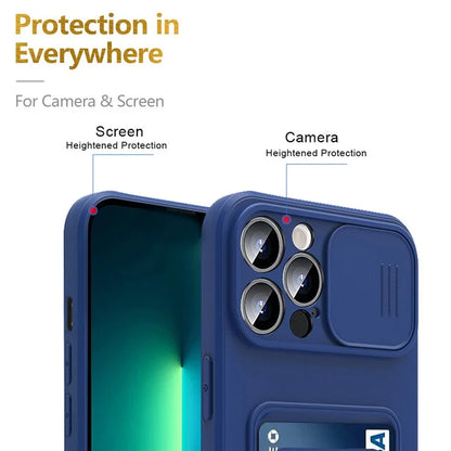 For iPhone 14 Pro Max Cell Phone Case Card Holder Kickstand PC + TPU Back Cover with Lanyard
