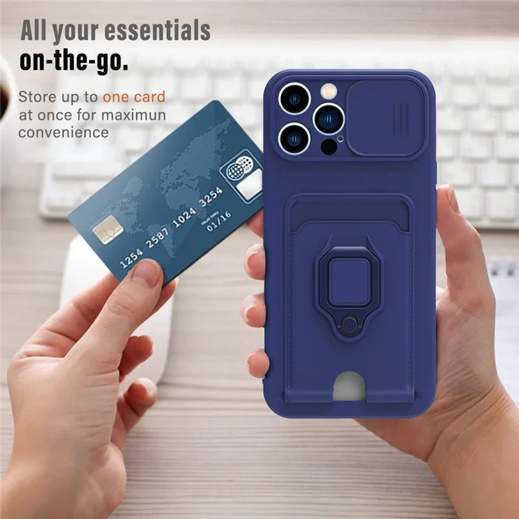 For iPhone 14 Pro Max Cell Phone Case Card Holder Kickstand PC + TPU Back Cover with Lanyard