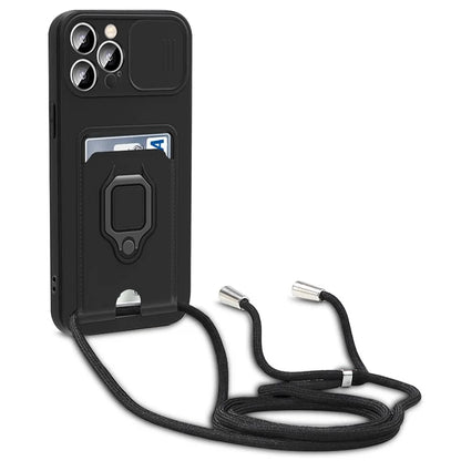 For iPhone 14 Pro Max Cell Phone Case Card Holder Kickstand PC + TPU Back Cover with Lanyard