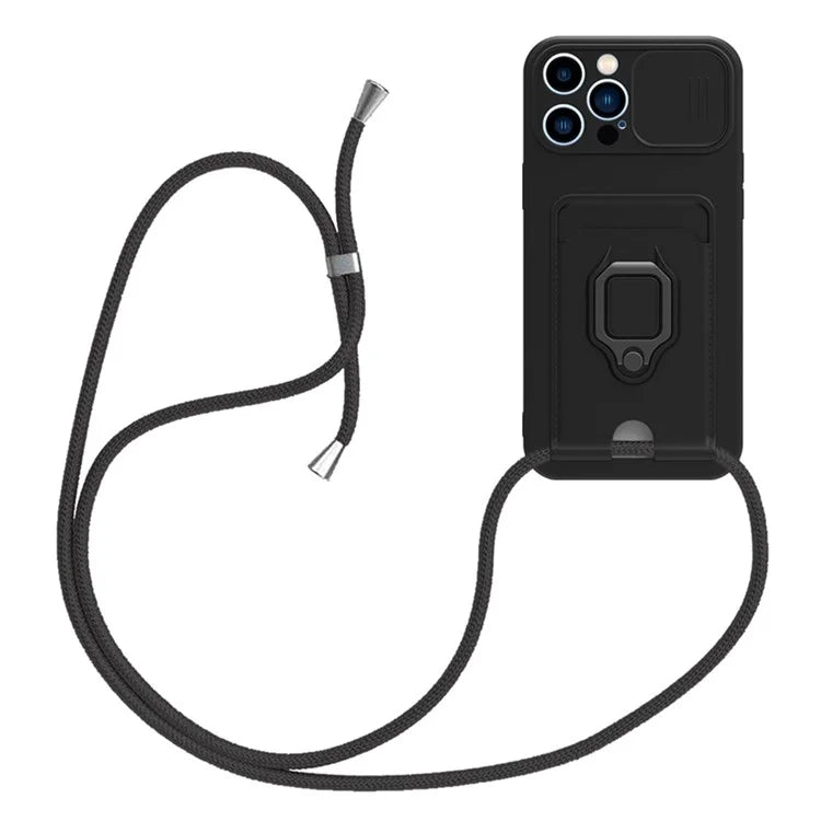 For iPhone 14 Pro Max Cell Phone Case Card Holder Kickstand PC + TPU Back Cover with Lanyard