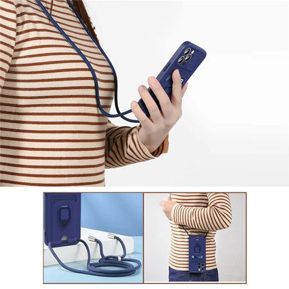 For iPhone 14 Pro Max Cell Phone Case Card Holder Kickstand PC + TPU Back Cover with Lanyard