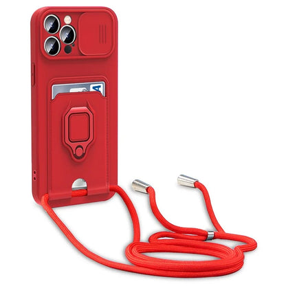 For iPhone 15 Pro Max Case Card Holder PC + TPU Phone Kickstand Cover with Lanyard