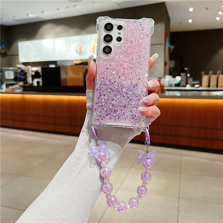 For Samsung Galaxy S24 Ultra Cover TPU+Acrylic Gradient Phone Case with Bowknot Decor Hand Chain