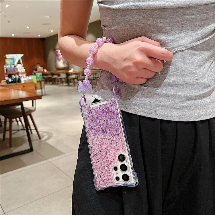 For Samsung Galaxy S24 Ultra Cover TPU+Acrylic Gradient Phone Case with Bowknot Decor Hand Chain