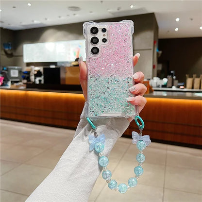 For Samsung Galaxy S24 Ultra Cover TPU+Acrylic Gradient Phone Case with Bowknot Decor Hand Chain