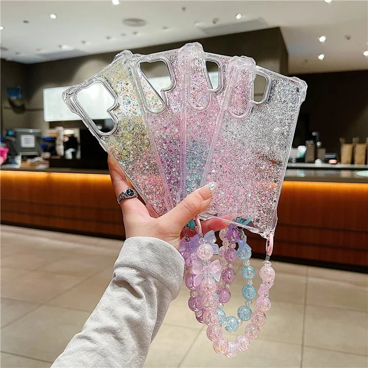 For Samsung Galaxy S24 Ultra Cover TPU+Acrylic Gradient Phone Case with Bowknot Decor Hand Chain