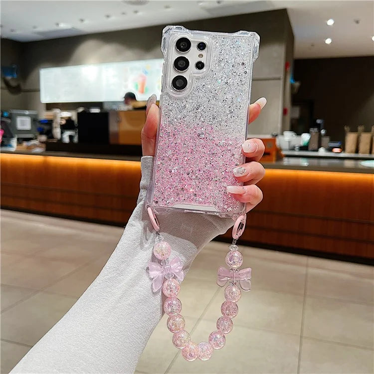 For Samsung Galaxy S24 Ultra Cover TPU+Acrylic Gradient Phone Case with Bowknot Decor Hand Chain