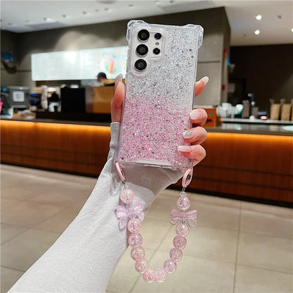 For Samsung Galaxy S24 Ultra Cover TPU+Acrylic Gradient Phone Case with Bowknot Decor Hand Chain