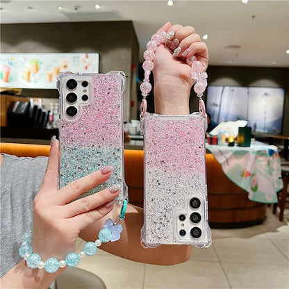 For Samsung Galaxy S24 Ultra Cover TPU+Acrylic Gradient Phone Case with Bowknot Decor Hand Chain