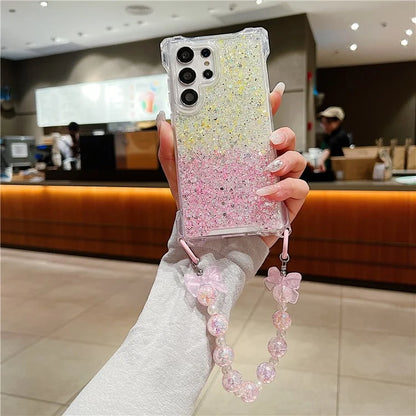 For Samsung Galaxy S24 Ultra Cover TPU+Acrylic Gradient Phone Case with Bowknot Decor Hand Chain