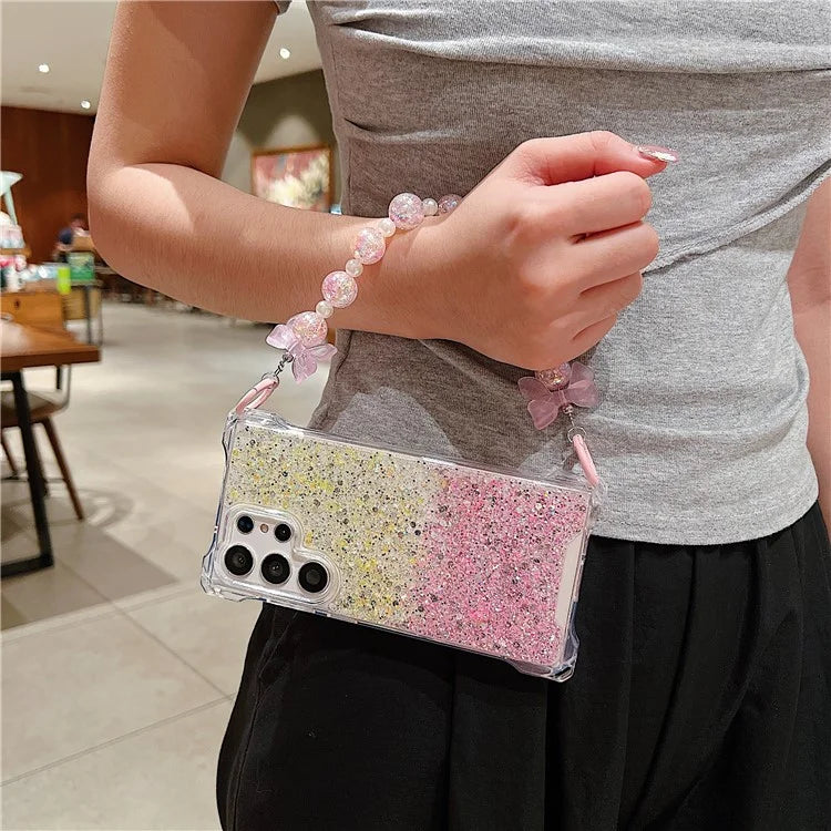 For Samsung Galaxy S24 Ultra Cover TPU+Acrylic Gradient Phone Case with Bowknot Decor Hand Chain