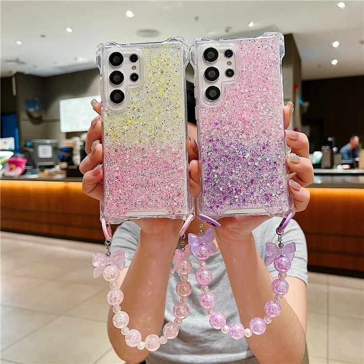 For Samsung Galaxy S22 Ultra 5G Case Wholesale TPU+Acrylic Cell Phone Shell with Bead Wrist Strap
