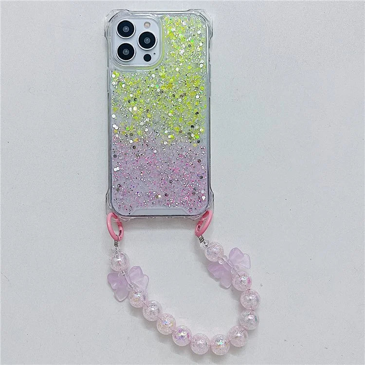 For iPhone 15 Pro Case TPU+Acrylic Gradient Phone Cover with Bowknot Decor Hand Chain