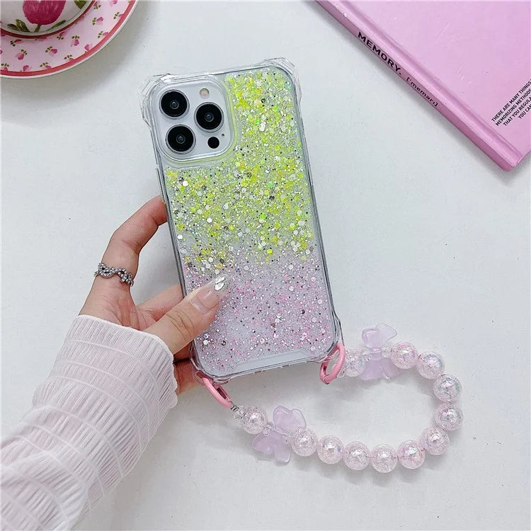 For iPhone 15 Pro Case TPU+Acrylic Gradient Phone Cover with Bowknot Decor Hand Chain
