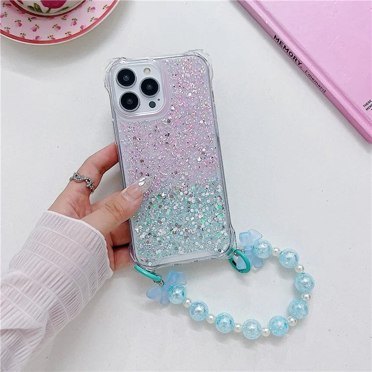For iPhone 15 Pro Case TPU+Acrylic Gradient Phone Cover with Bowknot Decor Hand Chain