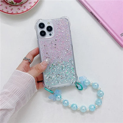 For iPhone 15 Pro Case TPU+Acrylic Gradient Phone Cover with Bowknot Decor Hand Chain