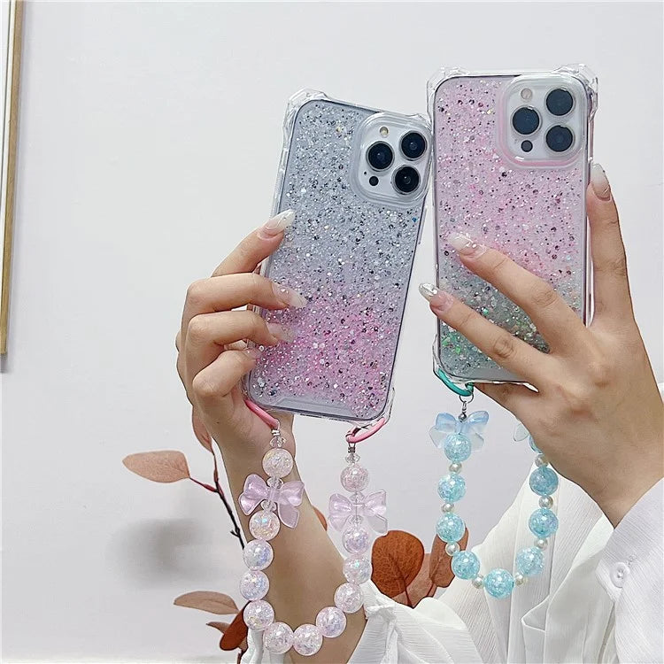 For iPhone 15 Pro Case TPU+Acrylic Gradient Phone Cover with Bowknot Decor Hand Chain