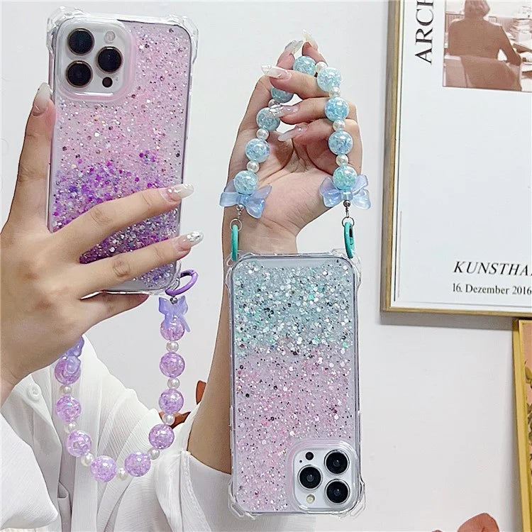 For iPhone 15 Pro Case TPU+Acrylic Gradient Phone Cover with Bowknot Decor Hand Chain