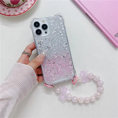 For iPhone 15 Pro Case TPU+Acrylic Gradient Phone Cover with Bowknot Decor Hand Chain