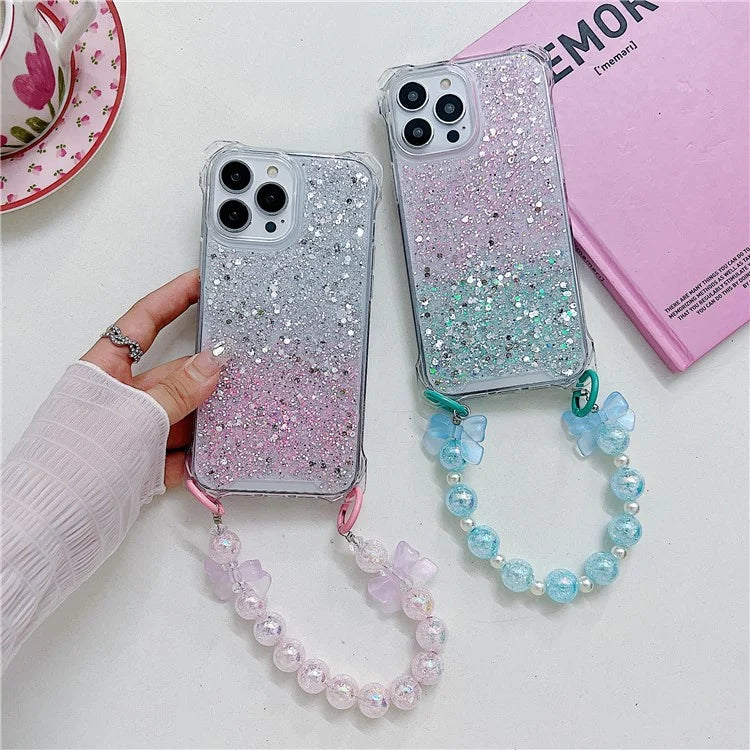For iPhone 15 Pro Case TPU+Acrylic Gradient Phone Cover with Bowknot Decor Hand Chain