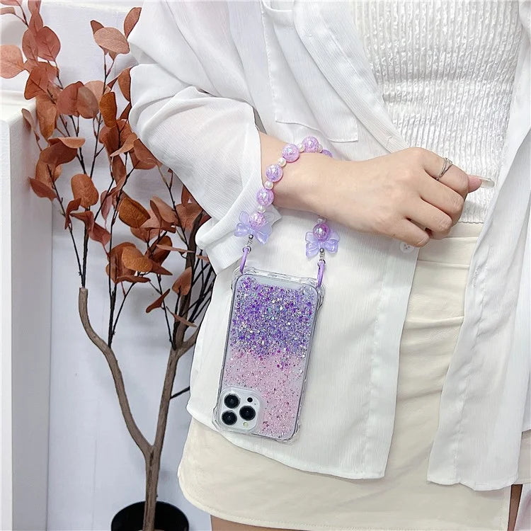 For iPhone 15 Pro Case TPU+Acrylic Gradient Phone Cover with Bowknot Decor Hand Chain